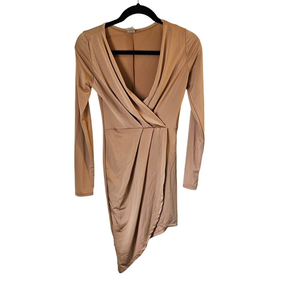 Privy Tanned Gold Bodycon Long Sleeve Asymmetric Hem Dress Size Small
